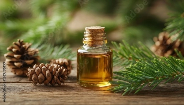 Fototapeta Pine Turpentine Essential Oil in Glass Bottle with Pine Cone and Coniferous Leaves on Table