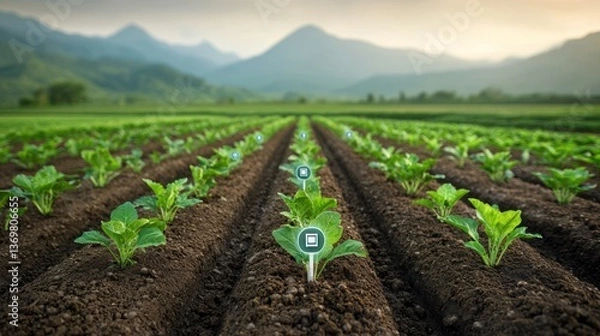 Fototapeta Precision farming technology monitors plant growth in rows of a fertile field, showcasing modern agricultural practices