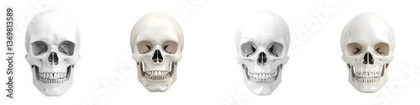 Fototapeta Four anatomical skull models displayed in a row against a plain background showcasing the intricate details of the human cranium and dentition