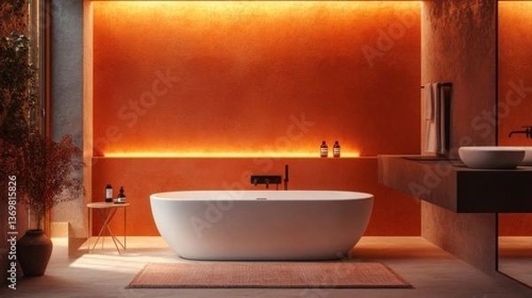 Obraz Modern orange bathroom with bathtub, relaxing interior design