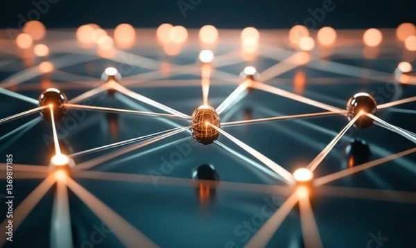 Fototapeta Network nodes connected, data flow, tech background