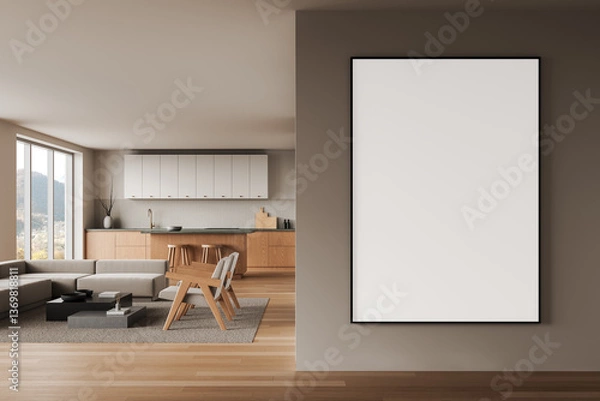 Obraz Minimalist interior with blank poster on wall. 3D Rendering