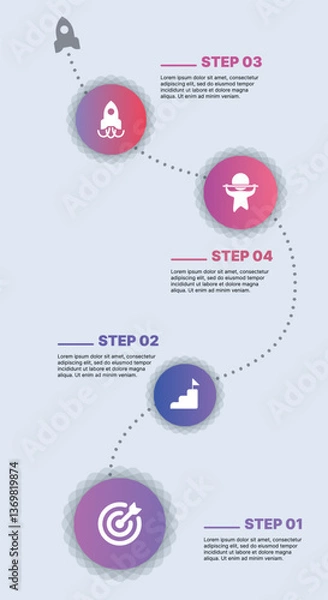 Fototapeta Modern infographic template for business presentations: step-by-step process with numbers, text blocks, and graphic elements for easy demonstration of a plan, strategy, or report.