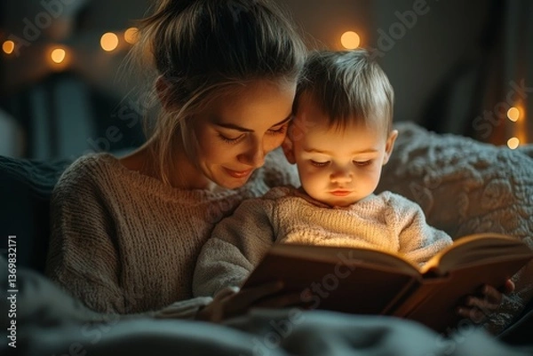 Fototapeta Mom reading book with baby boy toddler at home. Early age children education, development. Mother and child kid spending time together. Family authentic candid
