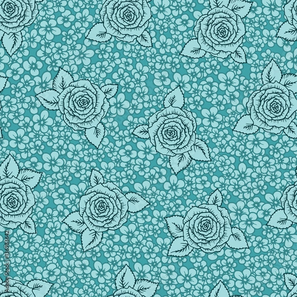Fototapeta Vintage vector seamless pattern with garden roses on light mint green background. Rose blossoms with leaves and little flowers, hand-drawn sketch background, perfect for romantic events