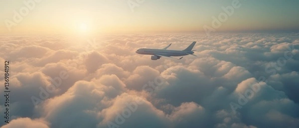Fototapeta Airplane Flying Above Soft Clouds During Serene Sunrise Moment