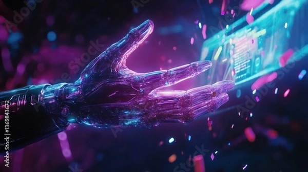 Fototapeta A sleek, futuristic robotic hand manipulating a holographic user interface, with vibrant digital elements glowing and floating in the air.