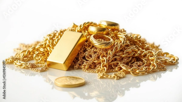 Obraz Gold jewelry and shiny fantasy coin and small gold bar over white with soft reflection and copy space