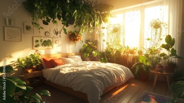 Fototapeta Sunny bedroom with plants, cozy interior, morning light