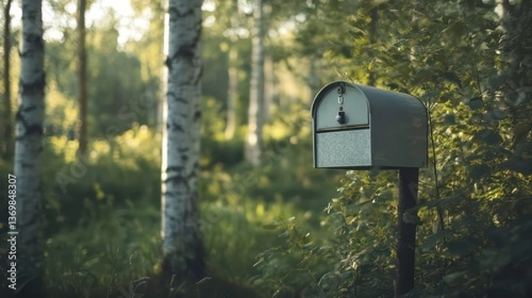 Fototapeta A tall grey mailbox with a polished surface stands before softly blurred birch trees and a green meadow, creating a calm, natural backdrop.

