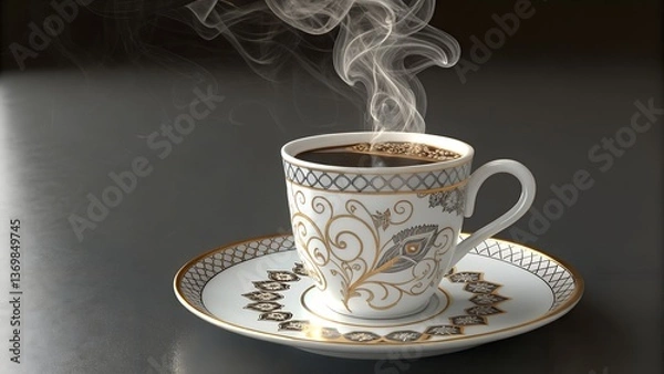 Fototapeta A cup of hot coffee with rising steam is presented on a decorative saucer