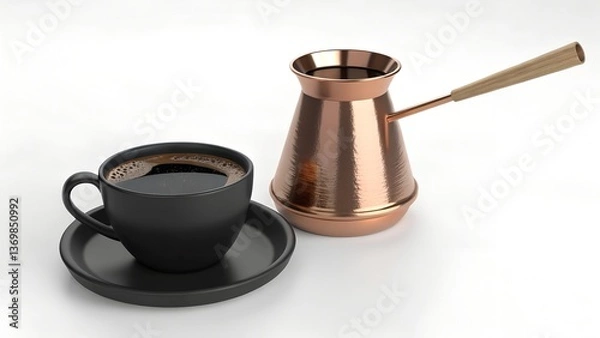 Fototapeta A 3D rendering of a cup of coffee and a copper coffee pot is set against a plain white background