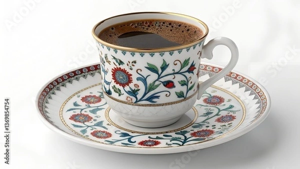 Fototapeta he image showcases a cup of Turkish coffee on a matching saucer