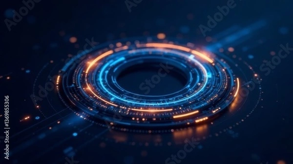 Obraz Futuristic blue and orange digital interface ring on dark background.
