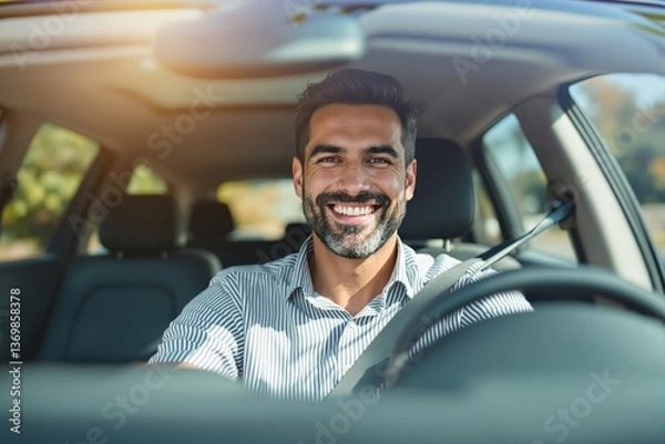 Fototapeta Smiling man driving car, front seat view with creative outdoor background, wearing striped shirt and seatbelt, concept of happiness and freedom. Ai generative