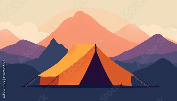 Fototapeta Tent in a colorful mountain landscape at sunset, ideal for camping and adventure concept
