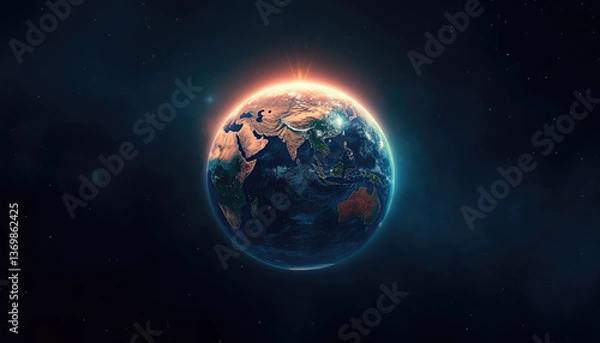 Fototapeta Earth viewed from space with sunrise glow, perfect for global awareness and environmental concept