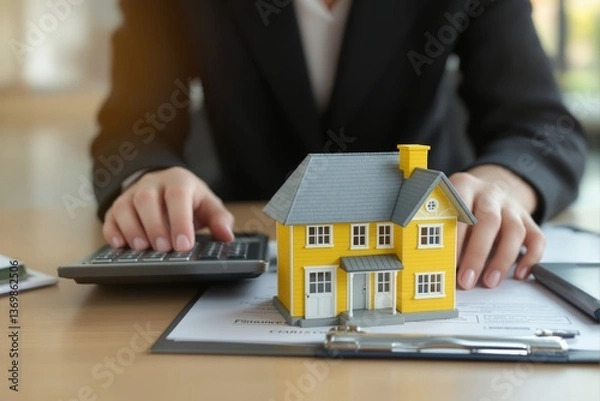 Fototapeta Yellow house model on documents with woman using calculator in office background, creative concept of home loan, mortgage, and financial planning. Ai generative