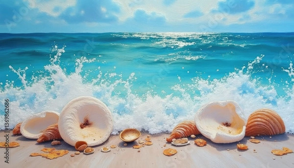 Fototapeta Seashells on the beach with waves crashing, perfect for coastal art and ocean nature concept