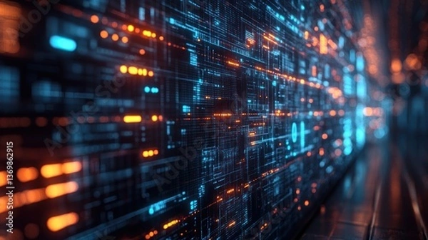 Fototapeta Abstract Digital Data Flow: A mesmerizing visualization of binary code in motion, showcasing the intricate beauty of digital information streams.