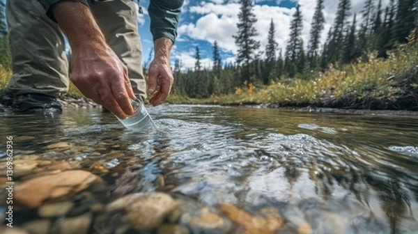 Obraz Someone taking a water sample from a mountain stream in nature