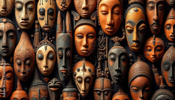 Fototapeta Collection of intricate tribal masks displaying various expressions, perfect for cultural art and heritage concept