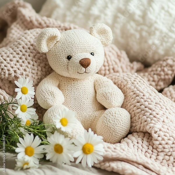 Fototapeta Soft Pregnancy Announcement Card A cozy setting featuring a cute teddy bear among soft pillows and daisies.
