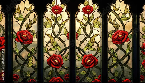 Fototapeta Beautiful stained glass windows adorned with red roses and green vines, perfect for architectural art and decorative design concept
