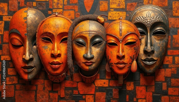 Fototapeta Collection of vibrant tribal masks displayed on an orange textured background, perfect for cultural art and heritage concept