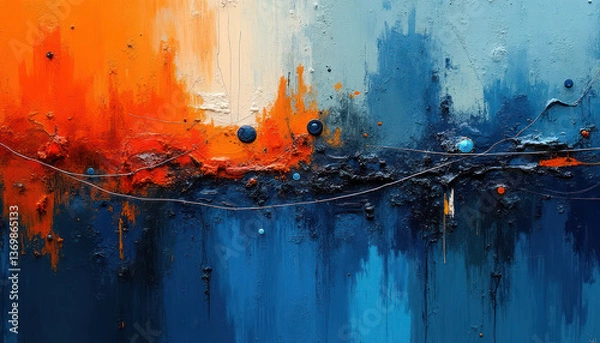 Fototapeta Abstract painting with bold orange and blue colors, textured elements, and circular shapes