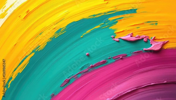Fototapeta Vibrant abstract paint strokes in yellow, teal, and pink, perfect for artistic background and creative expression concept