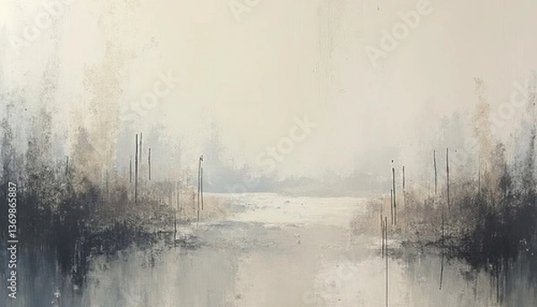 Fototapeta Abstract landscape painting with serene gray and beige tones depicting a foggy water scene