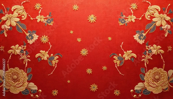 Fototapeta Elegant floral embroidery design on a vibrant red background, perfect for textile art and luxurious decor concept