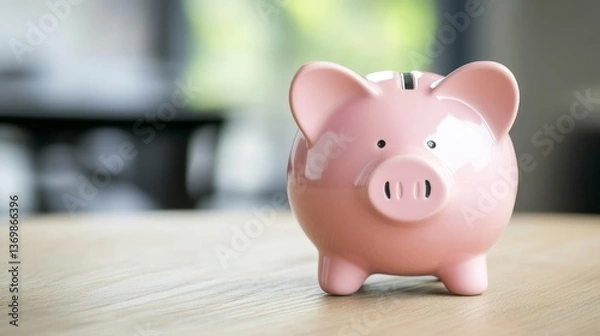 Fototapeta Pink Piggy Bank on Table, Close-up, Savings, Finance , Investing