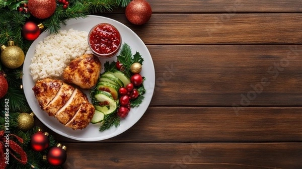 Fototapeta Festive Chicken Plate with Rice, Cucumber and Cranberry Sauce on Wood Table, Christmas , Food