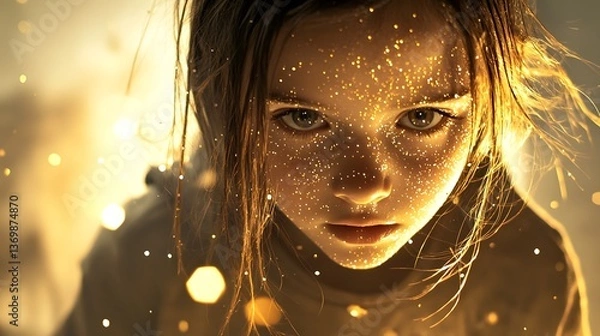 Fototapeta A captivating close up portrait of a young woman with floating glitter particles illuminated by a soft golden light creating a surreal and enchanting atmosphere