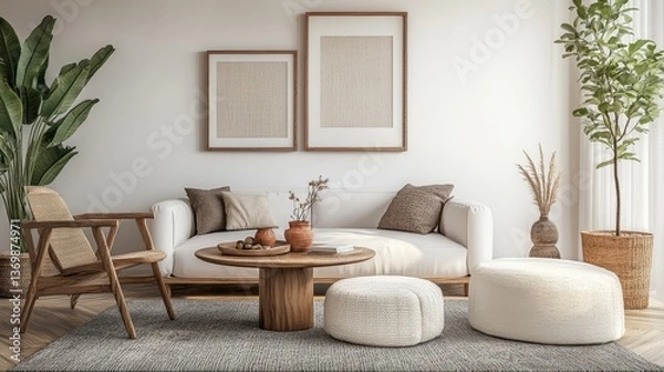Fototapeta Serene living room featuring a white sofa, natural wood accents, and lush greenery. A calming, minimalist space