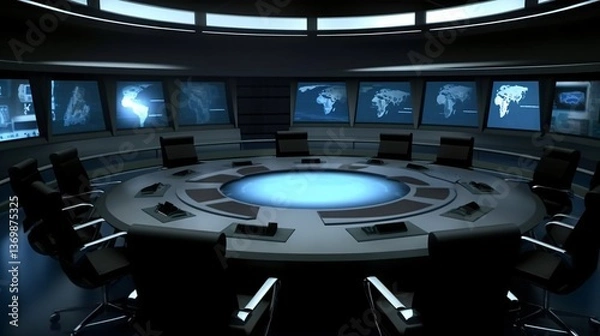 Fototapeta Futuristic Corporate Boardroom with Global Mapping Screens