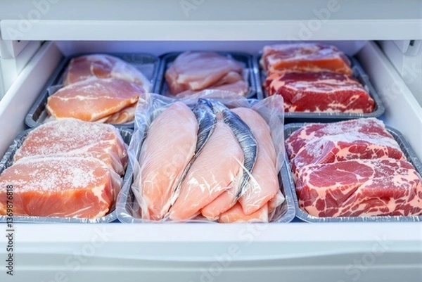 Fototapeta Various frozen meat cuts including chicken, beef, pork, and fish packed in trays inside a freezer drawer, on white background. Concept of food preservation. Ai generative