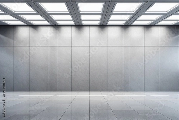 Fototapeta Minimalistic empty interior room with tiled floor, bright ceiling lights and plain panel wall background, modern architecture concept. Ai generative