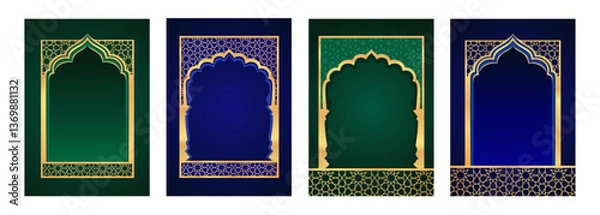 Fototapeta Traditional arabic design. Ramadan Kareem concept banner with gold frame. Set of templates for banners, flyers, brochures, cards. Vector illustration. 