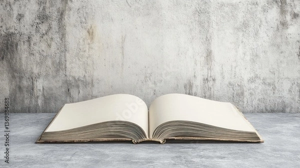 Fototapeta Open book on a table, blank pages against a textured wall