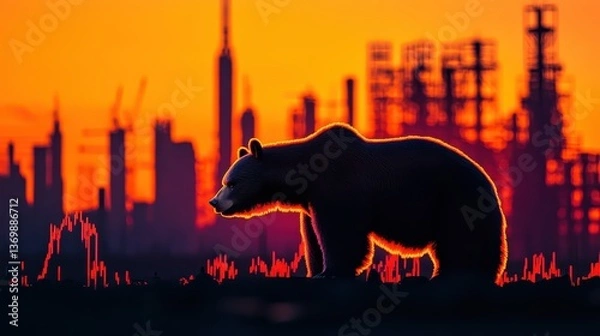Fototapeta Stock trendlines breaking through a fiery bear downtrend silhouette, close up, focus on powerful market movements, realistic, blend mode, backdrop of industrial cityscapes