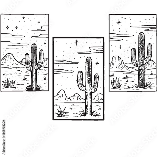 Obraz black and white cactus desert drawing. Perfect for coloring, tattoos, or design inspiration. Scenic line art featuring mountains, cacti, and starry skies.