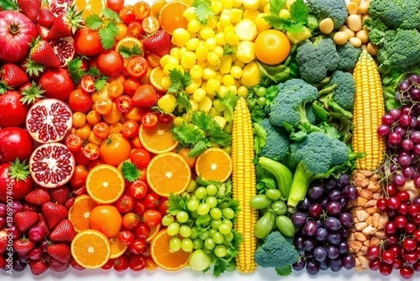 Fototapeta Assorted colorful fruits and vegetables arranged in a rainbow gradient, realistic style, on a white background. Concept of healthy eating. Ai generative
