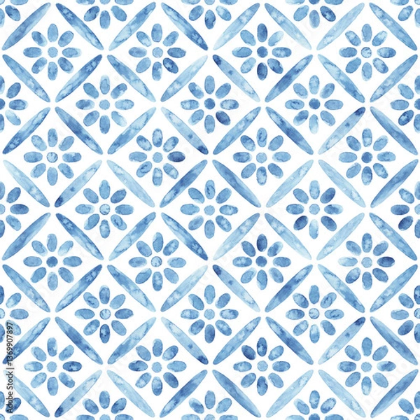 Fototapeta Seamless watercolor pattern. Blue geometric elements on a white background. Handmade. Geometric ornament, bohemian cute print. Uneven edges.