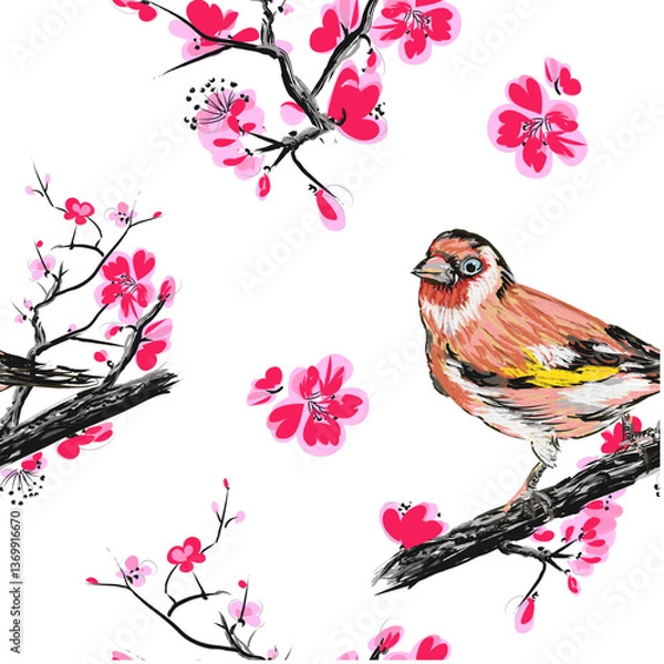 Fototapeta Sakura Blossom - Japanese Cherry Pattern. Artistic Branch Plum Blossom. Vector