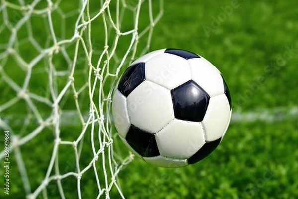 Fototapeta Soccer ball caught in goal net with green grass field background, realistic photographic style, concept of scoring goal in football. Ai generative