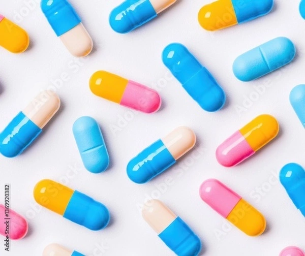 Obraz Colorful Capsules and Pills Arranged on a White Background
