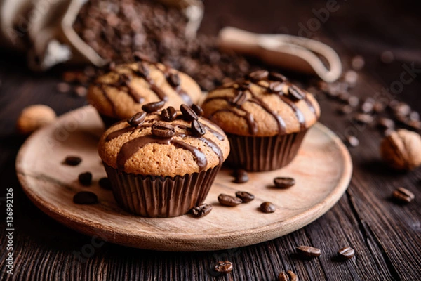 Fototapeta Coffee muffins with grated walnut and topped with chocolate